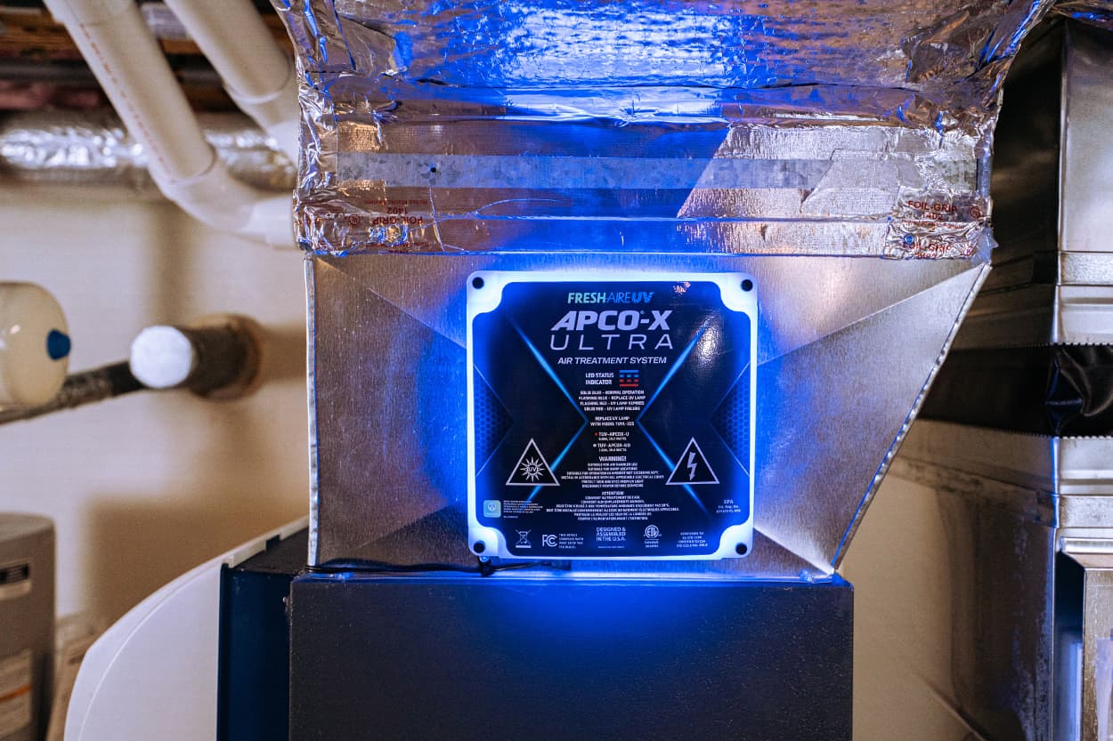 Whole-home UV air treatment system installed in residential HVAC ductwork to improve indoor air quality.