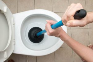 person plunging a toilet clogged by flushable wipes